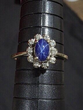 Estate J.M. Fox 14KP Gold Cornflower Blue Star Sapphire & Diamond Halo Ring